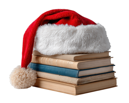 Stack of books with red Santa hat, festive holiday concept, cozy winter reading, Christmas decoration, cheerful atmosphere, isolated on transparency background
