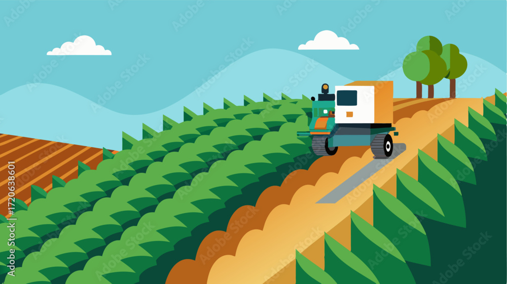 Poster a robotic crop thinning device works tirelessly in a terraced farm on a steep hillside carefully man