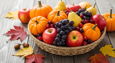 Abundant autumn harvest basket overflowing with vibrant pumpkins, fresh apples, grapes, and berries on a rustic wooden table surrounded by colorful fall leaves.