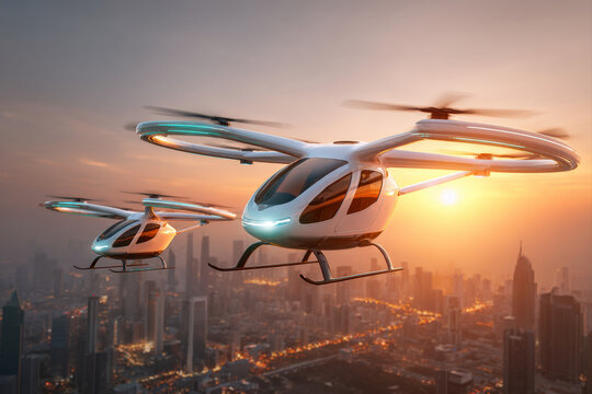 Futuristic city skyline with autonomous flying taxis soaring at sunset