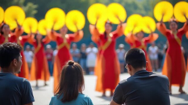 Tourists watching a traditional Chinese dance performance with dancers holding yellow fans outdoors.
