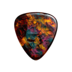 Colorful, textured guitar pick.  A vibrant,  faceted,  triangular pick,  with  rich  colors  of  amber,  purple,  and  teal,  creates a  unique design