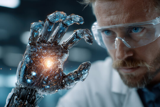 Scientist examining glowing holographic robotic arm in futuristic laboratory