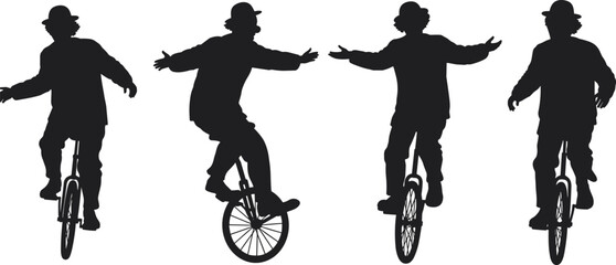 Silhouette of circus clown riding unicycle, street performance, comedy entertainment, balance act, funny character, cycling skill, vector illustration for design © Rafin's World