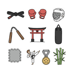 Set of  martial arts icons in hand drawn doodle style. Vector illustration with karate belt, gloves, helmet, nunchaku, dojo, punching bag, mat, kicking pose, medal, bamboo
