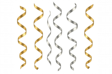Gold and silver spiral curling ribbons for celebration, party, carnival, anniversary, birthday decoration on transparent background