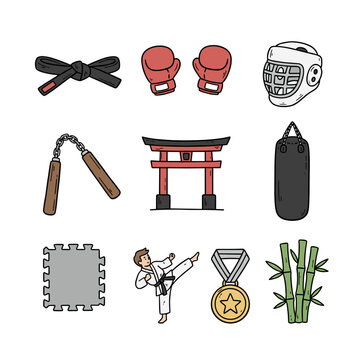 Set of  martial arts icons in hand drawn doodle style. Vector illustration with karate belt, gloves, helmet, nunchaku, dojo, punching bag, mat, kicking pose, medal, bamboo