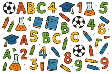 Educational School Supplies Pattern with Letters Numbers Books and Science Icons on Transparent Background