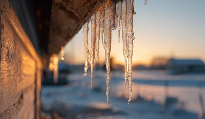 Obraz premium Icicles hang from a weathered wooden eave at sunset, backlit, with a snowy, out-of-focus landscape in the background