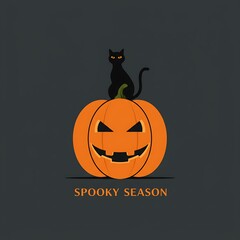 Halloween pumpkin with scary face and black cat silhouette on dark background