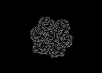  A cluster of dark roses arranged in a symmetrical pattern against a solid black background, creating a bold and elegant floral design.