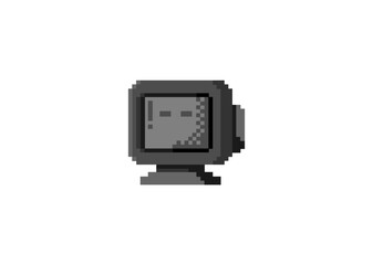A pixel art illustration of a retro-style computer monitor with a simple gray screen, designed in a minimalist 8-bit aesthetic.