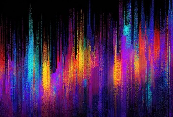 Abstract art with vibrant vertical streaks of purple, blue, yellow, and orange against a dark backdrop, creating a digital glitch effect