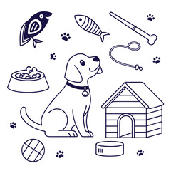 &ldquo;Minimal outline pet icons &mdash; dog, cat, paw print, food bowl, leash, fish, bird, pet house, grooming, vet care &mdash; thin stroke vector, cute style.&rdquo;