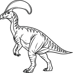 Line art illustration of a corythosaurus dinosaur with distinctive curved head crest