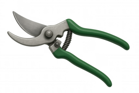 Pruning shears featuring metal blades and green handles, used for trimming and shaping plants. Transparent background