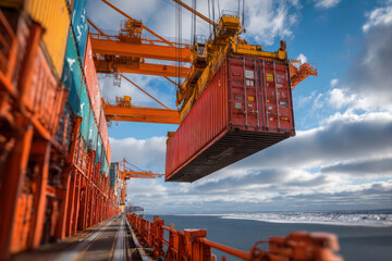 Industrial crane lifting shipping containers at busy construction dock under clear sky