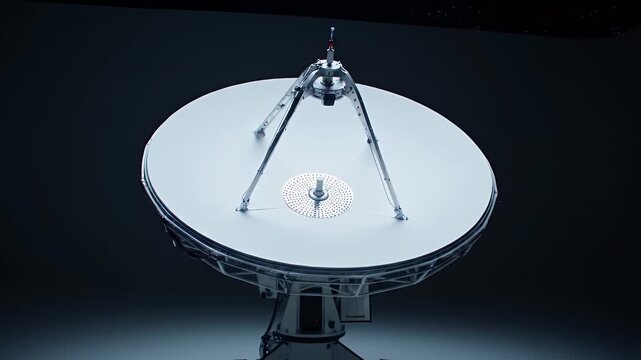 High Angle View of White Satellite Dish Against Dark Background Under Dim Lighting Capturing Technology Communication Broadcast and Space Exploration Themes