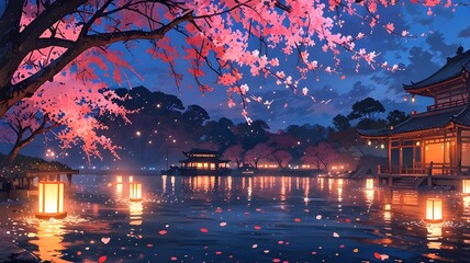 Beautiful blossom flower above the river with the wooden boat on the water at night in japanese style cartoon anime 