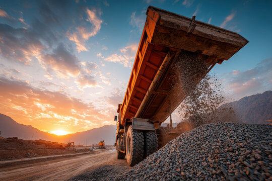 Large dump truck unloading gravel at a busy construction site during daytime