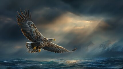 Eagle Soaring Above Cityscape at Sunset