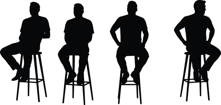 Man silhouette sitting on chair, male figure, bar stool posture, people vector, casual pose, human illustration, black shape, design element