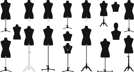 Mannequin silhouette collection, dress form vector, fashion display stand, tailoring dummy illustration, clothing design tool, boutique store template