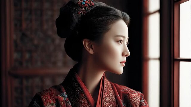 A Beautiful Moment of a Classical Woman in Red Gazing Out the Window