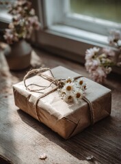 Rustic gift wrapped in brown paper, tied with twine and adorned with small white daisies, sits on a wooden surface by a sunlit window with flowers