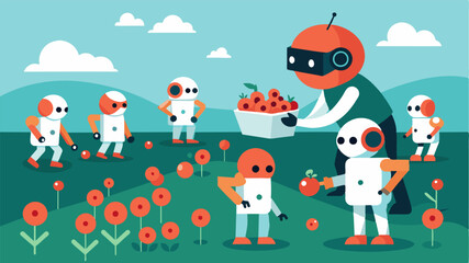 Naklejka premium A swarm of miniature berry picking robots each with its own designated section of the field and communicating with each other to optimize work.. Vector illustration
