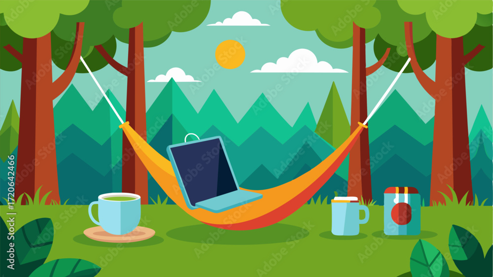 Poster a hammock strung up between two trees with a tablet propped up and a coffee mug on the ground captur