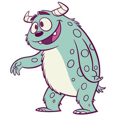 Friendly Teal Monster with Horns Walking and Smiling Cartoon Illustration