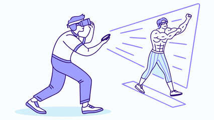 Obraz premium Immersive VR Fitness Man with Headset Interacting with Virtual Muscular Avatar