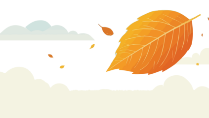 A serene autumn-themed background featuring a large, intricately detailed leaf in warm golden hues, set against a soft, gradient blue sky with fluffy white clouds with Transparent design 
