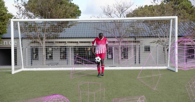 Soccer player placing ball at feet, juggling with magenta wireframe shapes for balance training