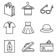 &ldquo;Flat outline icons &mdash; shopping bag, clothes hanger, t-shirt, dress, shoes, hat, sunglasses, perfume, credit card, checkout &mdash; thin stroke vector, trendy design.&rdquo;