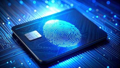 Secure Identity: A close-up depiction of a digital fingerprint etched onto a credit card, signifying secure access, and personal data protection. Showcasing innovation.