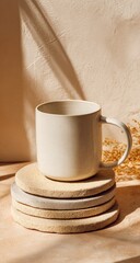 A creamy off-white mug sits on a stack of round, pale stone coasters, bathed in warm sunlight against a textured, light beige wall