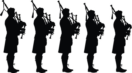 Silhouette of bagpiper musician, man playing bagpipes, traditional Scottish music, kilt costume, folk instrument, cultural performance, black vector illustration