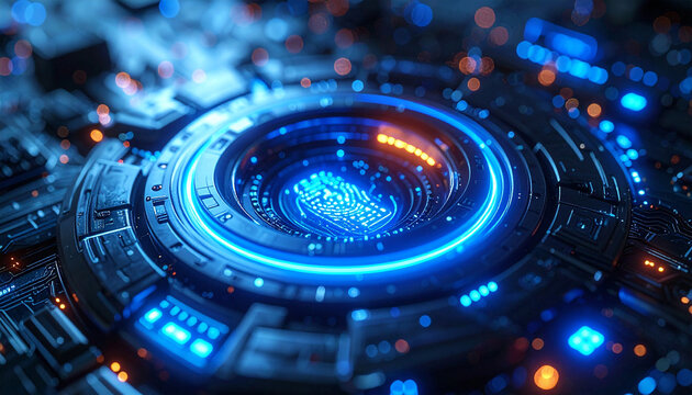 Digital Security: A high-tech, digital fingerprint scanner, illuminated with neon lights, symbolizes advanced security and technological prowess.