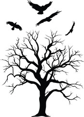 Crows and Bare Tree: Silhouette of a bare tree, its intricate branches reaching skyward, accompanied by crows in flight against a backdrop.