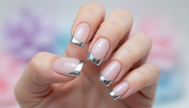 white silver french manicure background the of designed french with &mdash; design gel milky up with elegant are modern nail and on a trendy tips sharp on close square modern a base silver nails  50765902 1