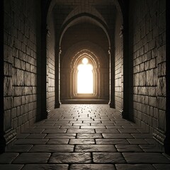A dimly lit stone corridor leads to a radiant, arched doorway, illuminating the path ahead with hopeful light.