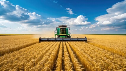 Obraz premium Combine harvester wheat field agriculture rural summer blue sky clouds farmland technology crop