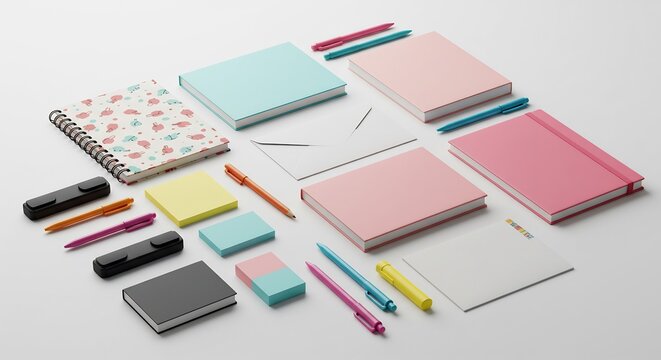 Quaderno rosa pastelli colorati luce morbida ufficio elegante. AI Generated