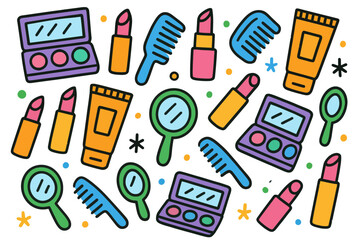 Colorful Makeup and Beauty Tools Pattern on Transparent Background for Cosmetics and Beauty Industry