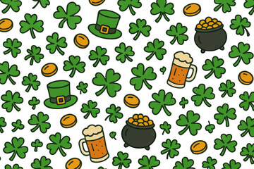 Festive St. Patrick's Day Pattern with Shamrocks Hats Beer and Coins on Transparent Background