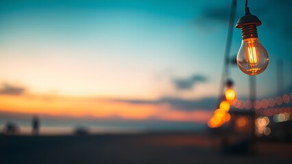 Sunset beach with soft-focus hanging lights, evoking a serene and dreamy coastal atmosphere.