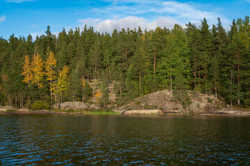 Lake Ladoga near the village Lumivaara on a sunny autumn day, Ladoga skerries, Lakhdenpokhya, Republic of Karelia, Russia