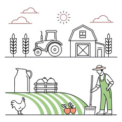 &ldquo;Flat outline farming icons &mdash; tractor, barn, wheat, cow, chicken, milk jug, vegetables, farmer, plow, irrigation &mdash; thin stroke vector, clean set.&rdquo;